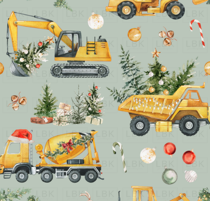 Santa’s Little Builders - Christmas Construction Trucks On Sage Gray