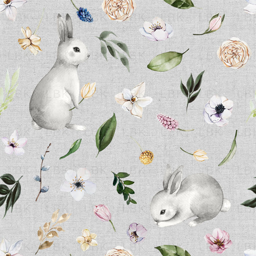 Spring Bunnies On Gray Chambray