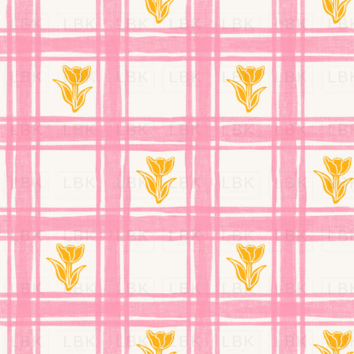 Spring Linen Gingham Yellow And Pink Tulips