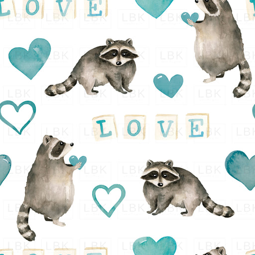 Valentines Watercolor Racoon And Blue Hearts On White