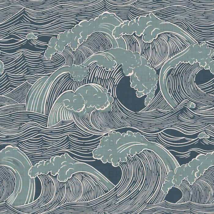 Vintage Ocean Waves In Juniper On Navy