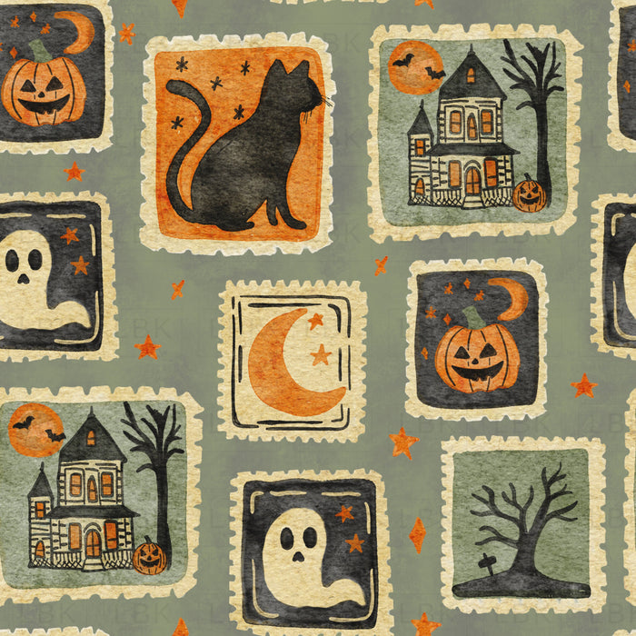 Watercolor Halloween Stamps Green Grunge