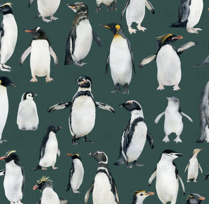 Watercolor Penguins On Dark Green Teal