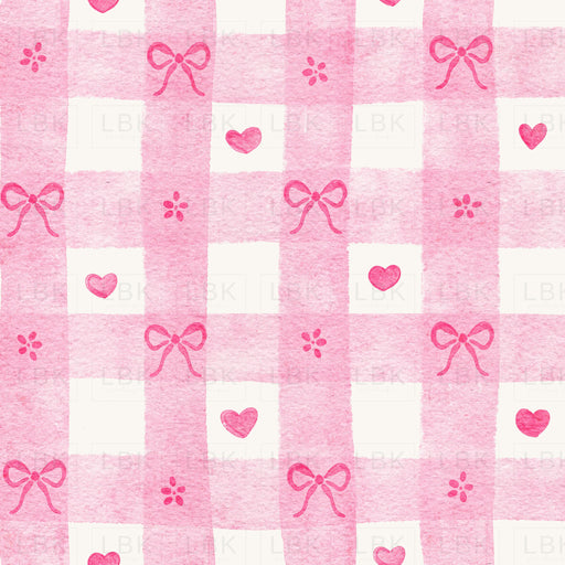 Watercolor Pink Gingham With Bows And Hearts