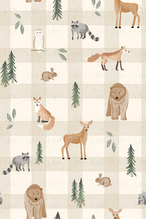 Woodland Animal Friends Gingham- Beige