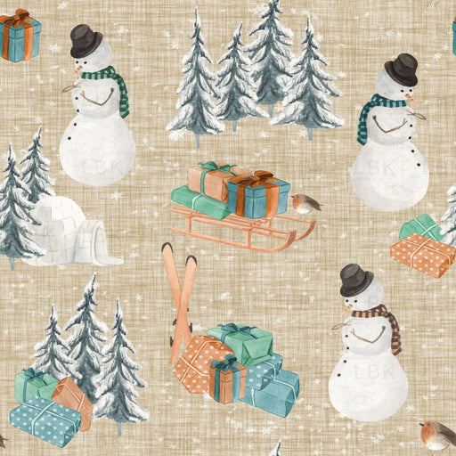 Woodland Winter Snowman On Beige