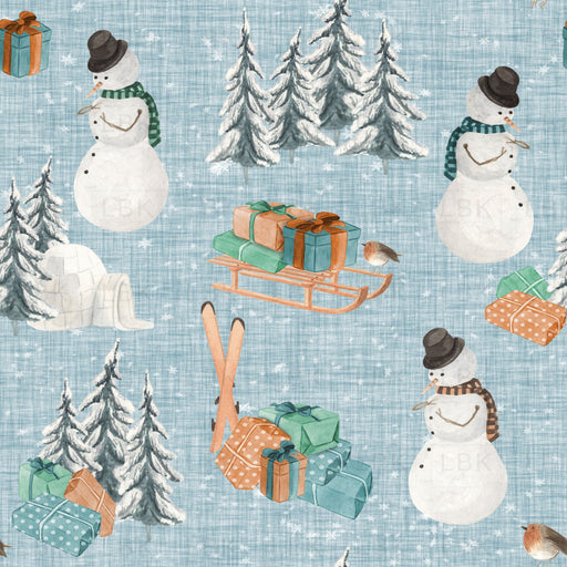 Woodland Winter Snowman On Geyser Blue