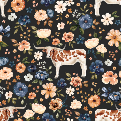 CR FarmandMeadow TexasLonghornCow Floral DarkGray