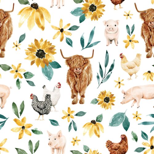 Sunflower Floral Farmanimals White