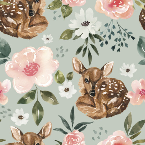 Mint Blue Vintage Spring Fawn Floral