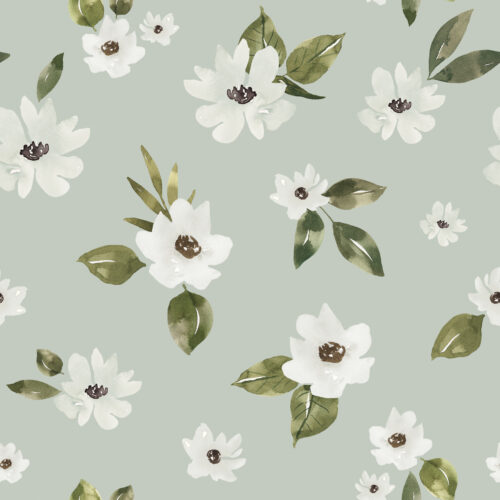 White Flowers On Mint Blue