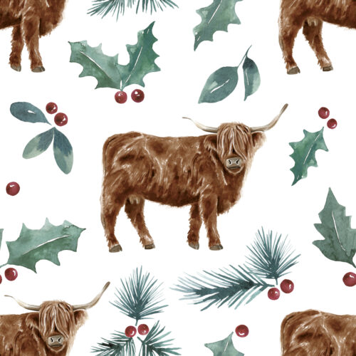 Watercolor Christmas Highland Cow
