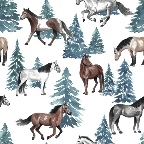 Watercolor Christmas Trees and Horses