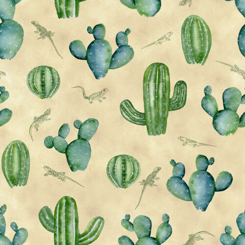 Desert Cacti and Lizards on Sand