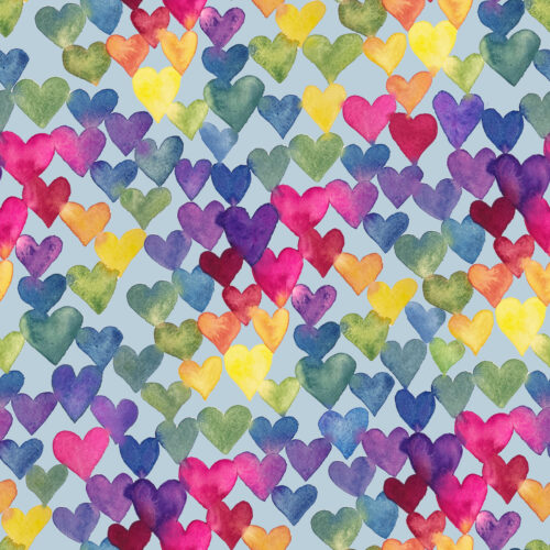 Watercolor Rainbow Hearts on Light Blue