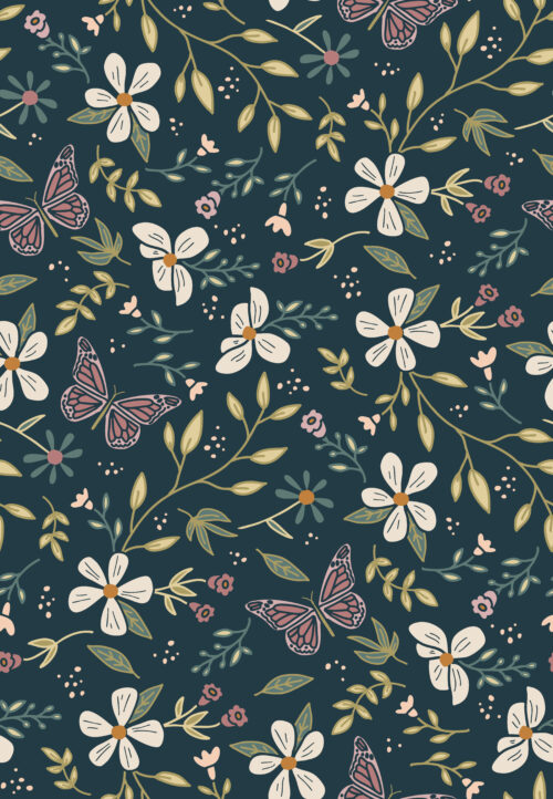 Butterfly Garden Floral Muted navy blue