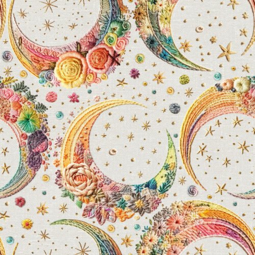 Pastel rainbow crescent moon embroiderybeigebgraspberrypatterncocopy