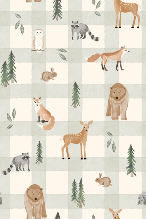 woodland animal friends gingham light green