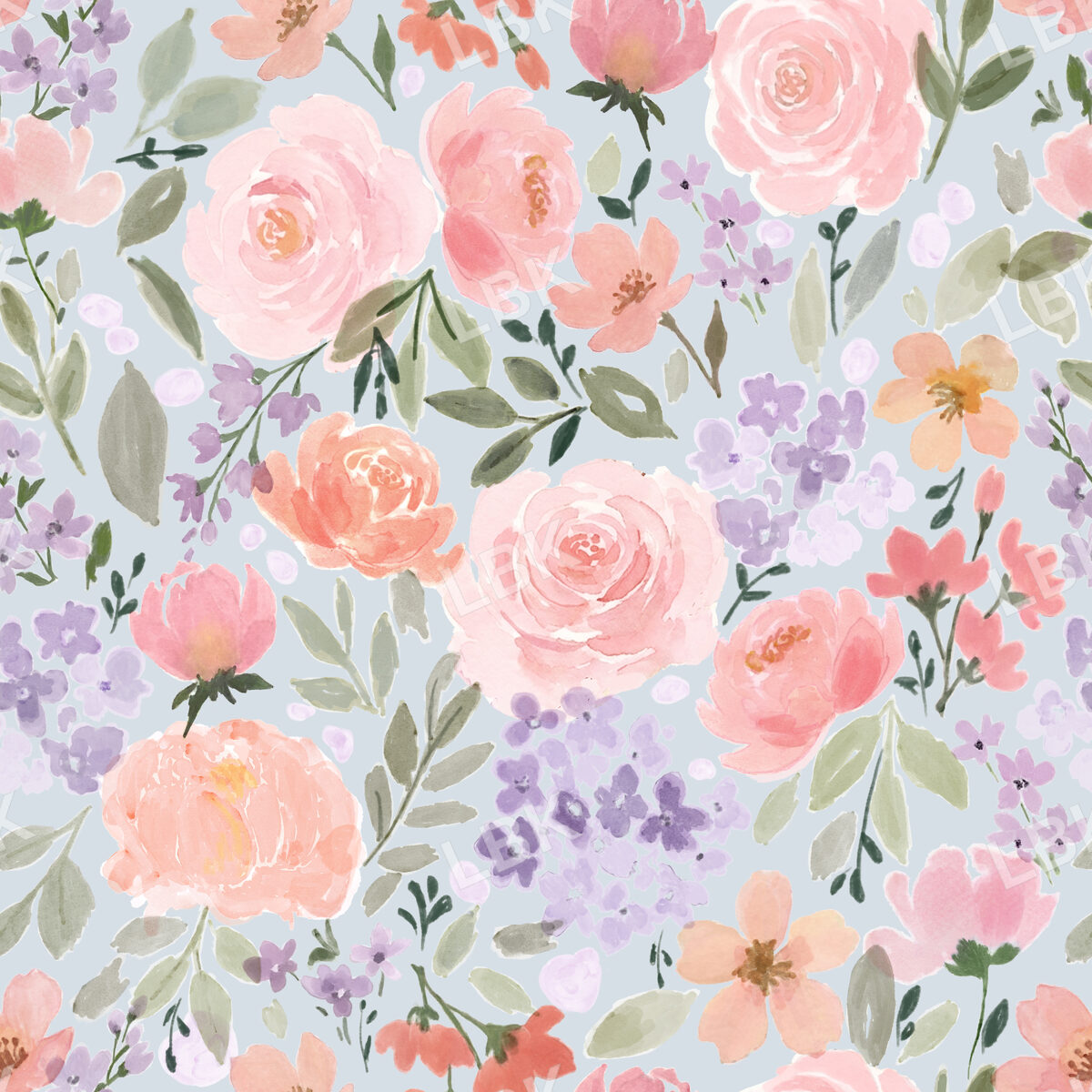 Boho Romantic Cottagecore Floral Watercolor Pink Flowers - Blue