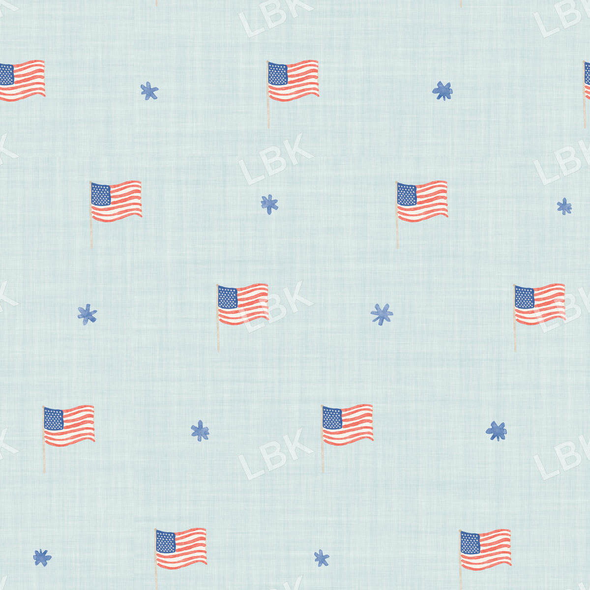 USA flags and stars - sky blue linen