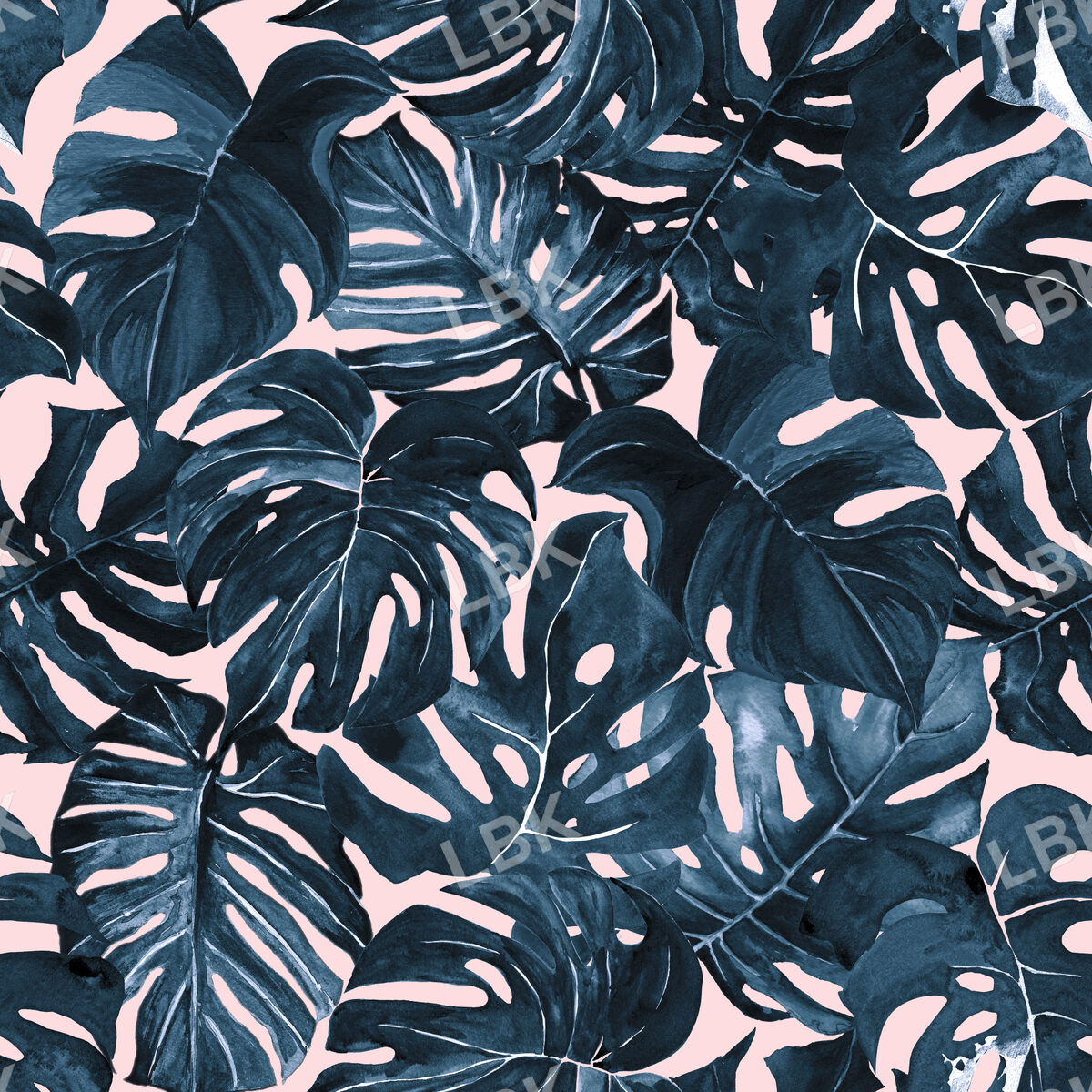 Monstera Botanical in Harbor Blue on Blush