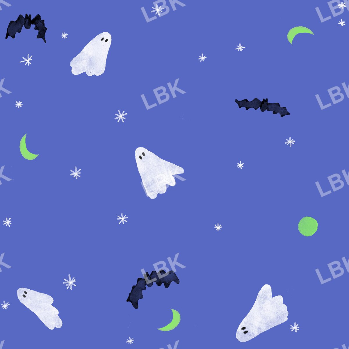 Halloween sky ghosts and bats bright blue