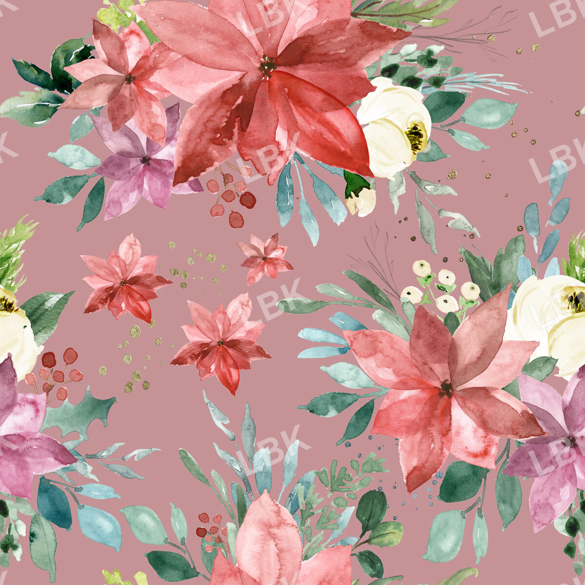 Merry Watercolor Florals on Dusty Pink