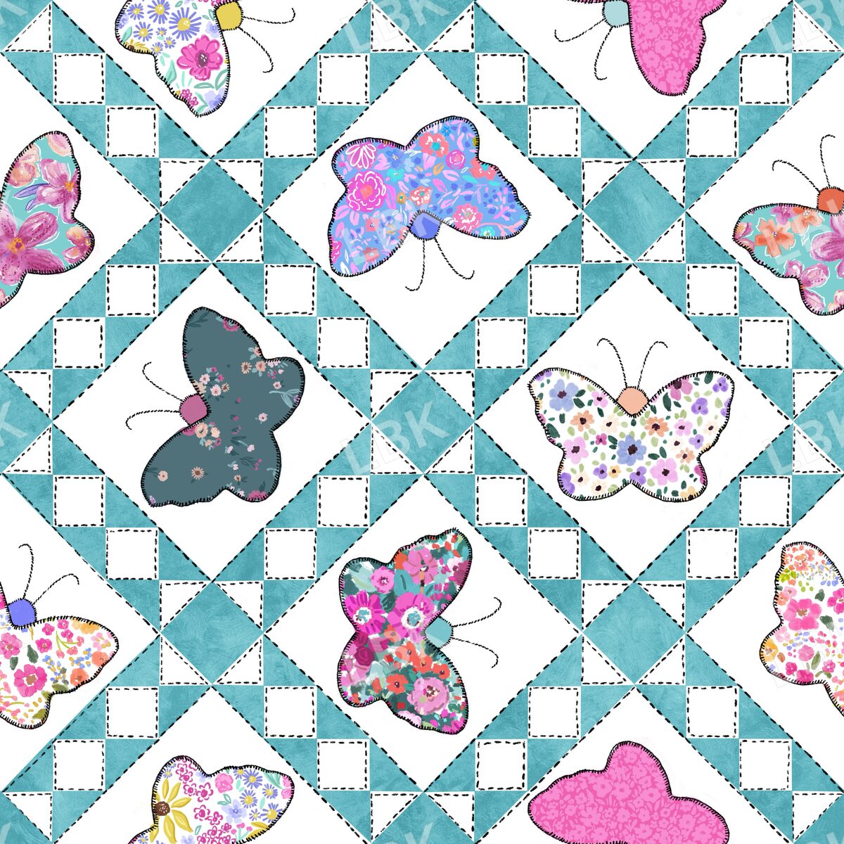 Butterfly season geometric patchwork turquoise and white