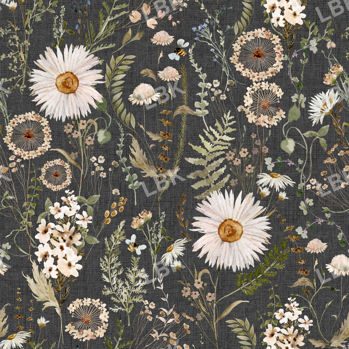 Daisy Dandelion Wildflower Meadow on Dark Charcoal Linen