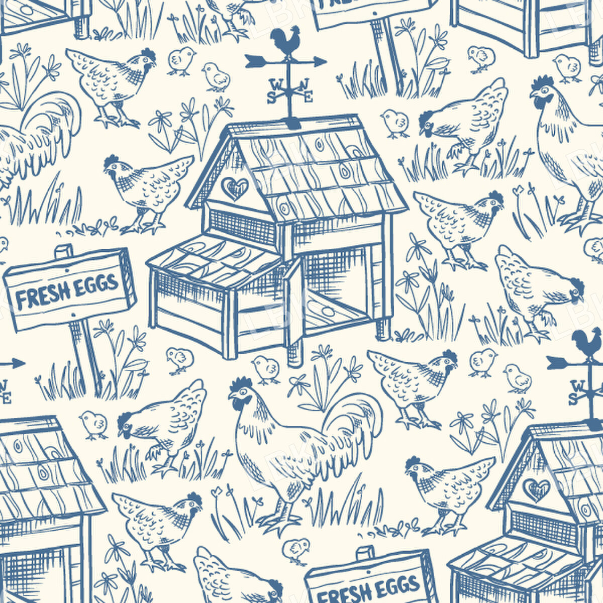 chicken coop toile blue