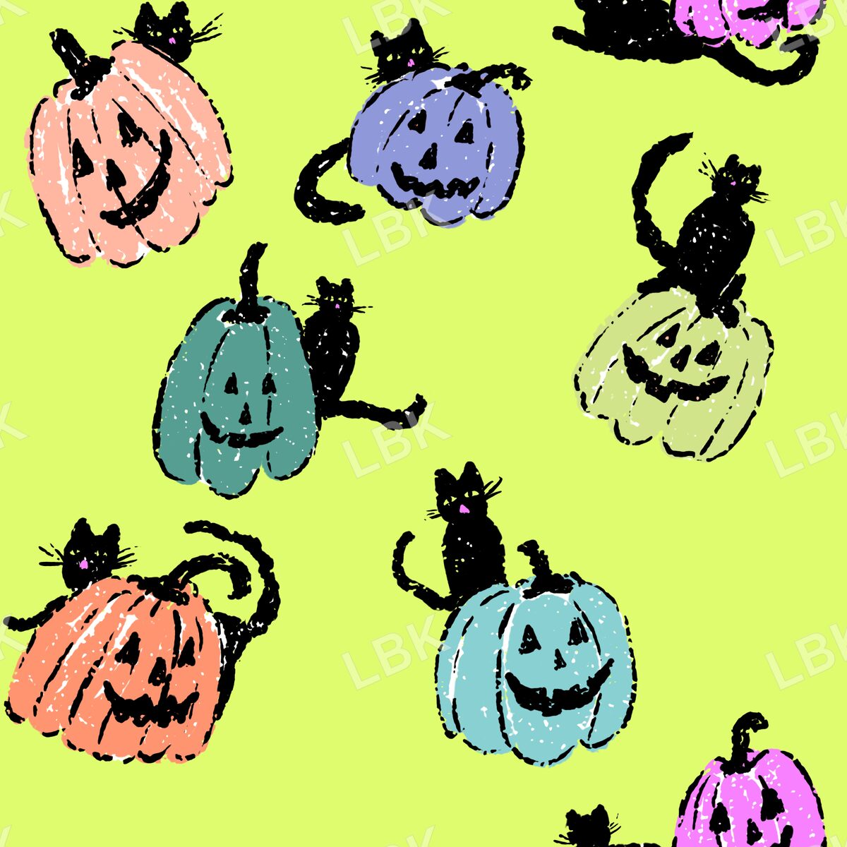 Black cats and Jack o lanterns bright yellow green