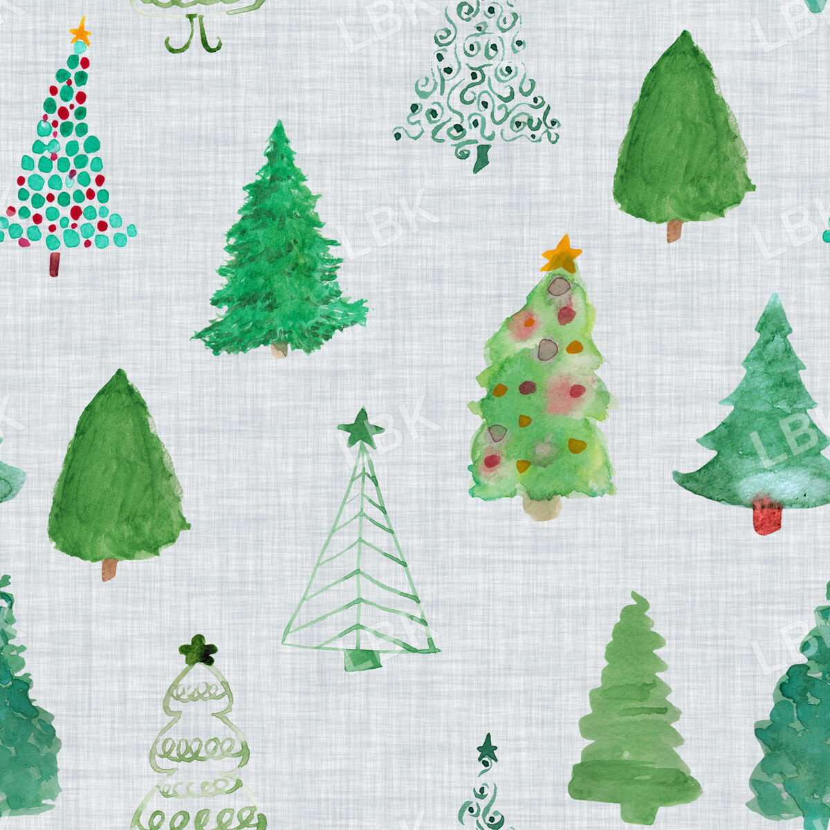 Christmas Trees on Soft Gray Linen