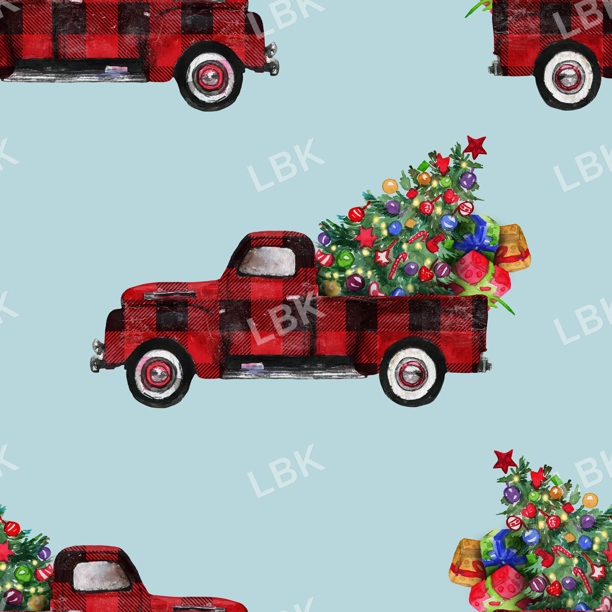Vintage Woodland Red Truck and Christmas Tree on Light Blue