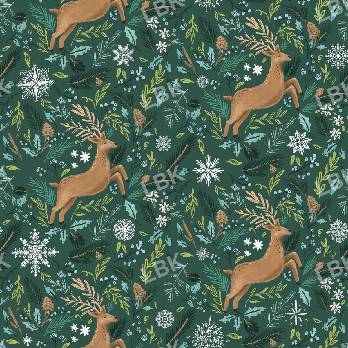 Deer in the pines white snowflakes