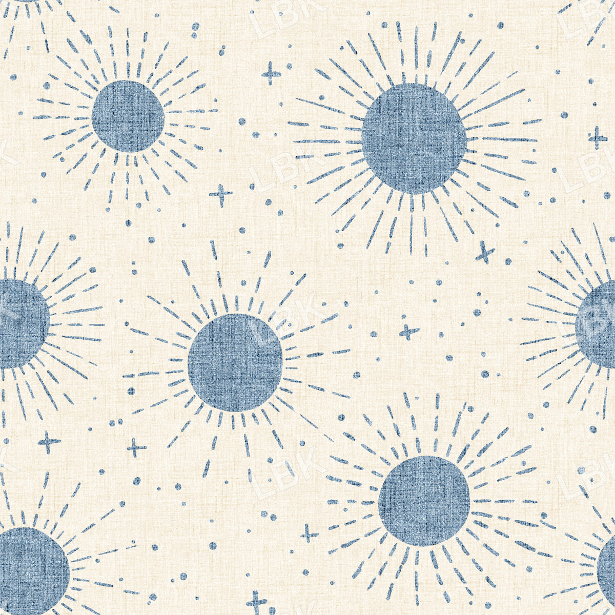 Sunwashed Summer Suns in Chambray Blue on Pale Oatmeal