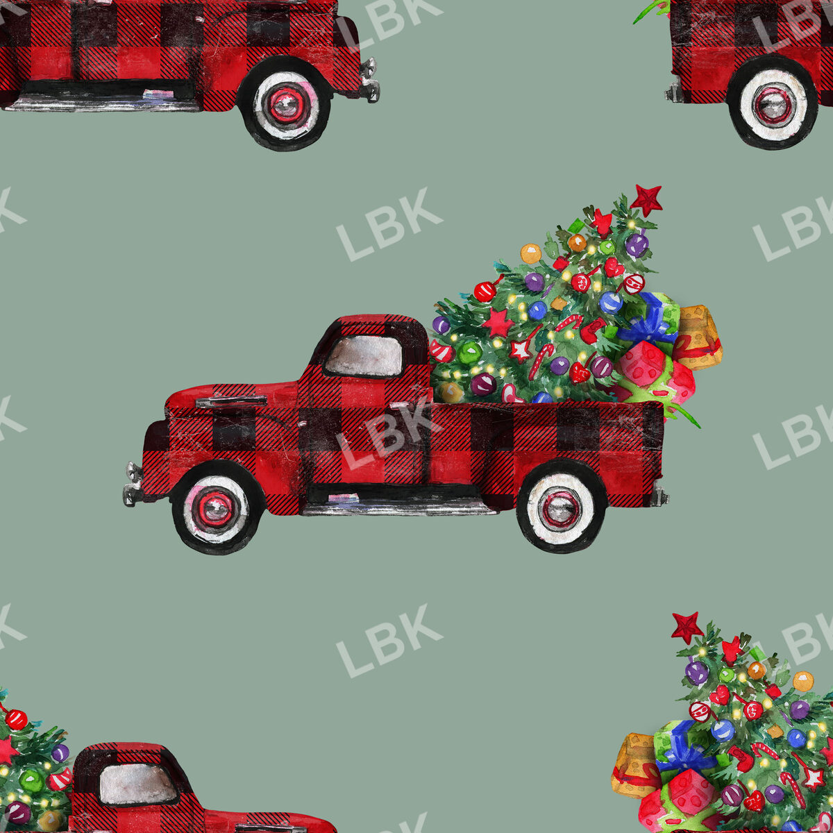 Vintage Woodland Red Truck and Christmas Tree on Pewter Green