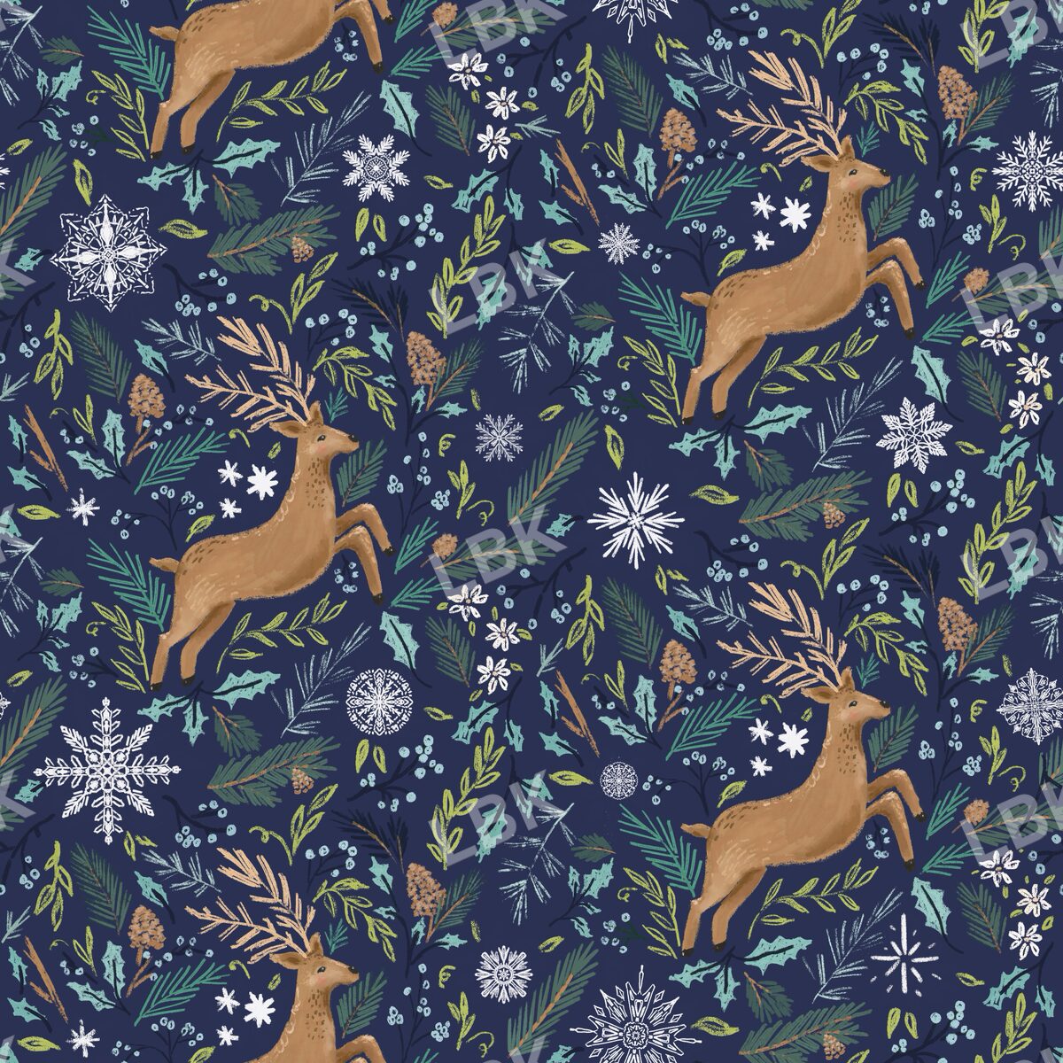 Deer in the pines navy with snowflakes