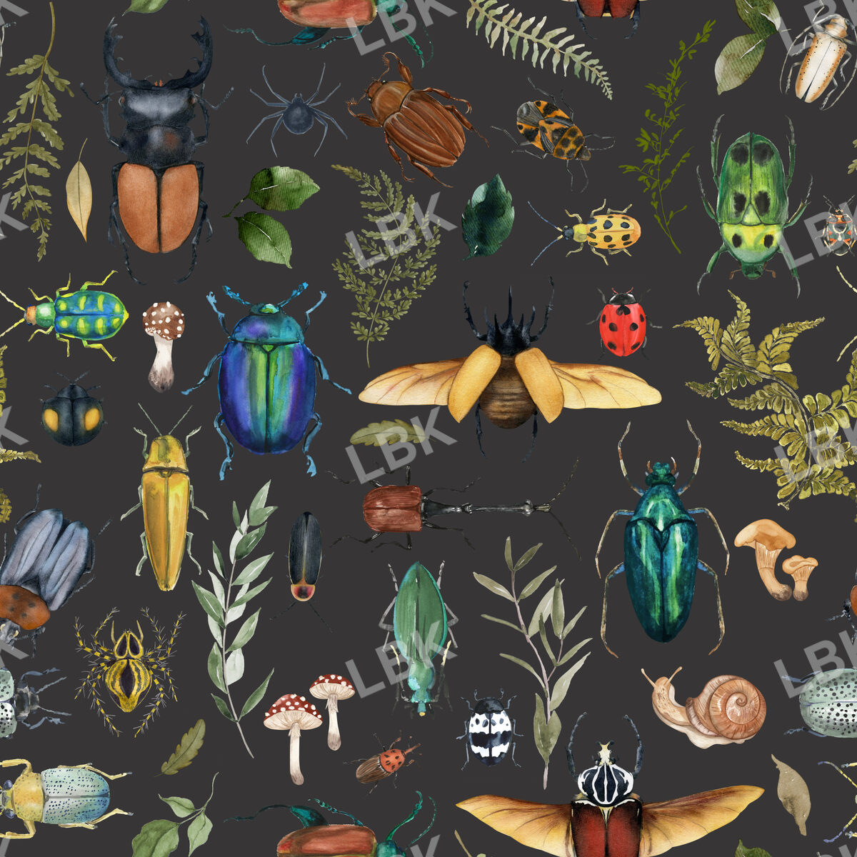Bugs and Insects Woodland Forest on Charcoal Black