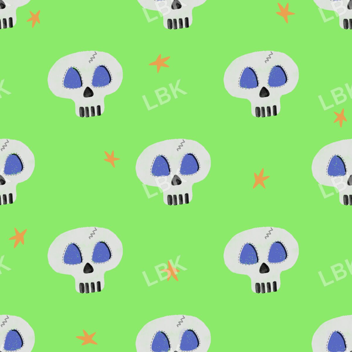 Watercolor skull on bright green