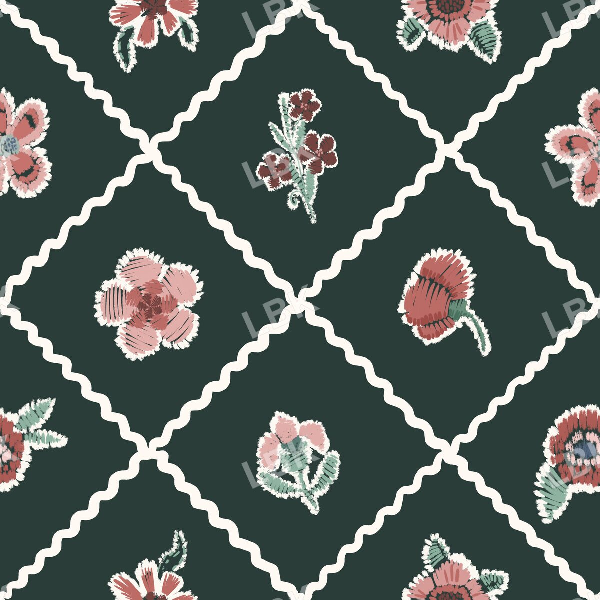 Rick Rack and Posies check dark green