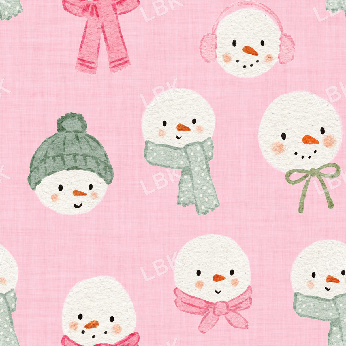 Watercolor Snowmen Pink and Dusty Sage Pink