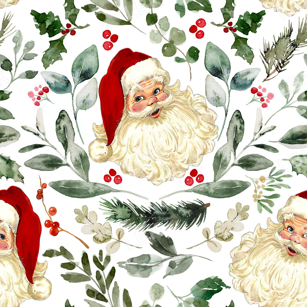 Vintage Santa and Christmas Greenery Damask Style