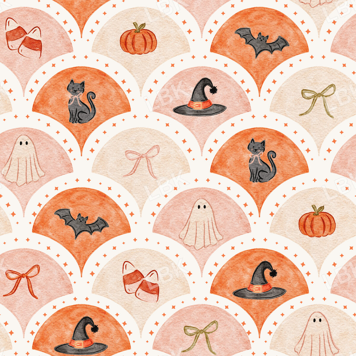 Scallop Halloween with Black Cats, Candy, Pumpkins and Bows