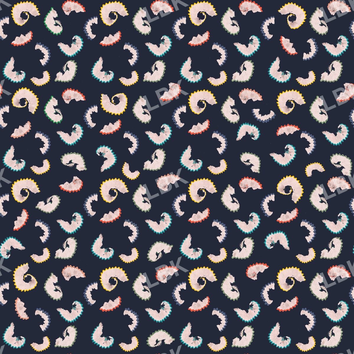Colored pencil shavings scatter dark navy blue
