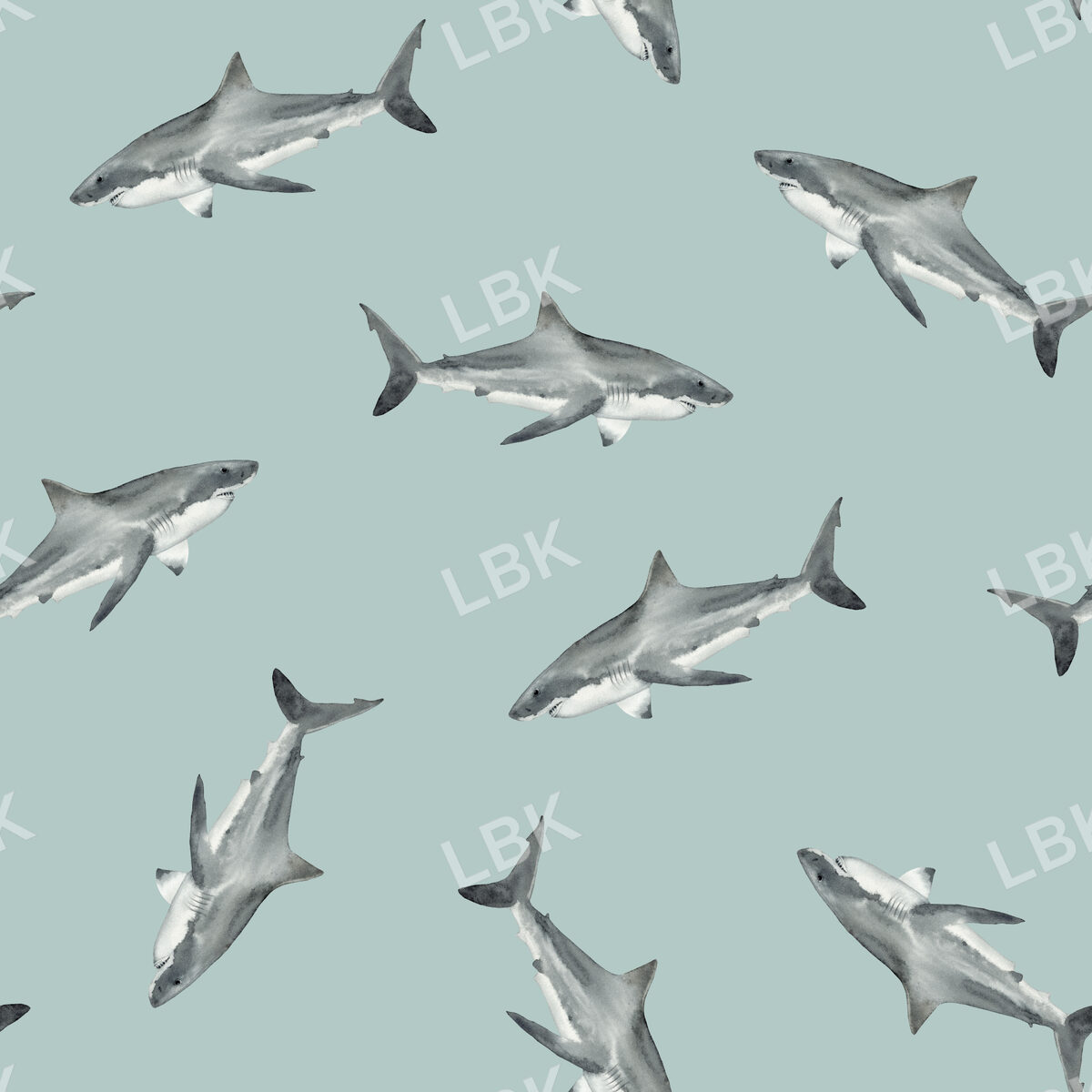 Great White Sharks Watercolor on Dusty Seafoam