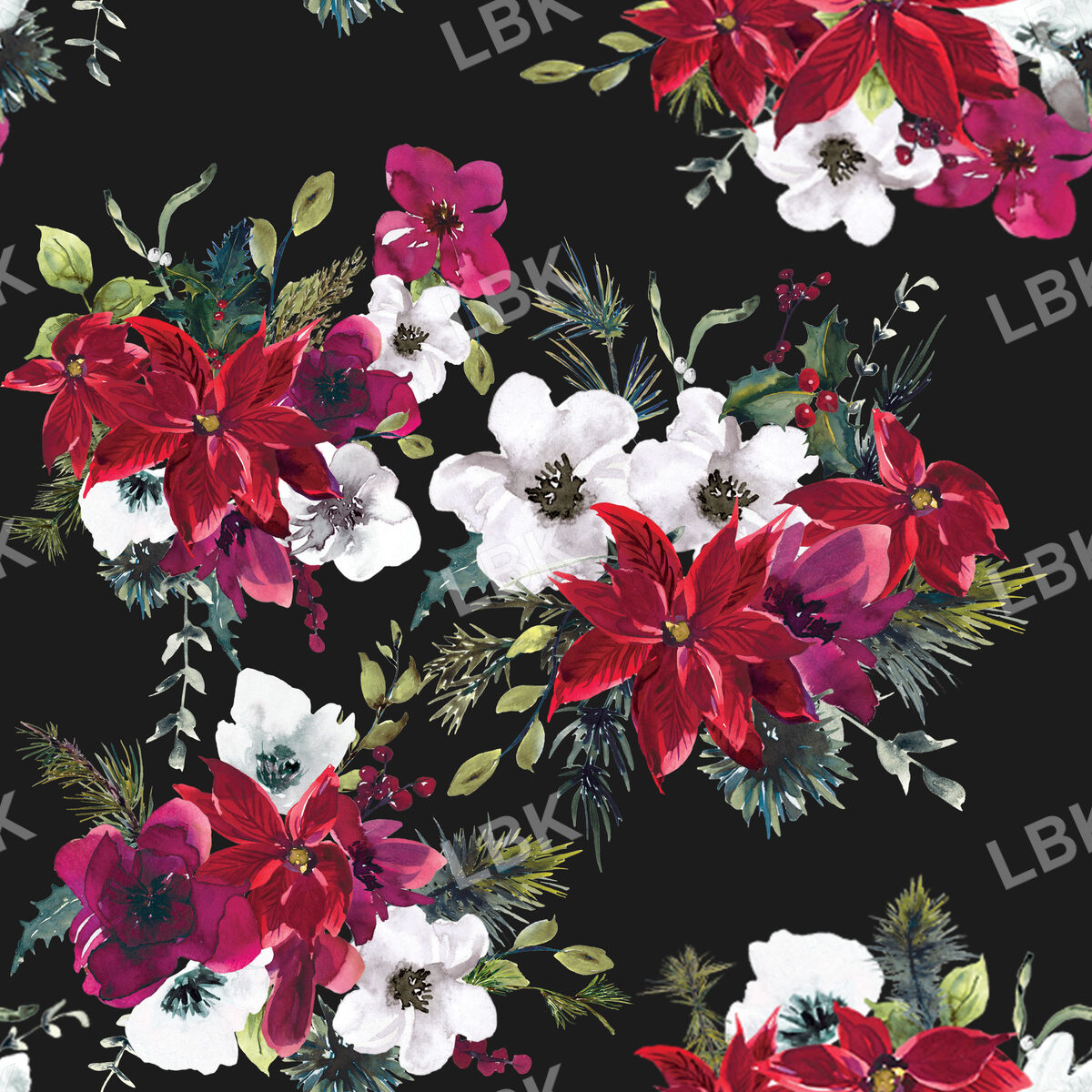 Christmas Dream Florals on Gray Black