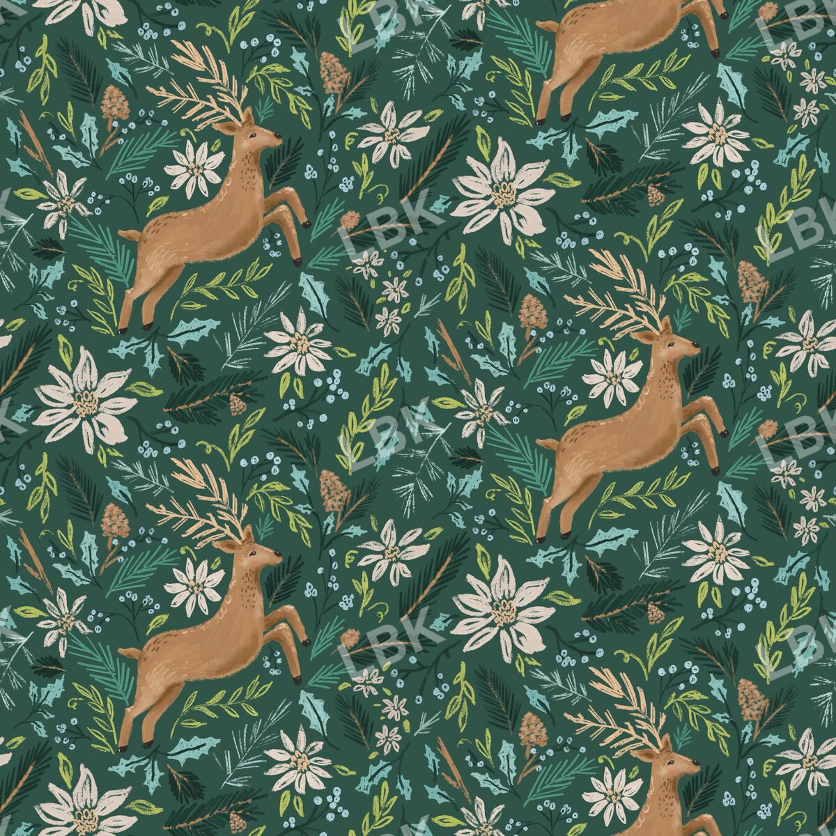 Deer in pines dark green with tan floral