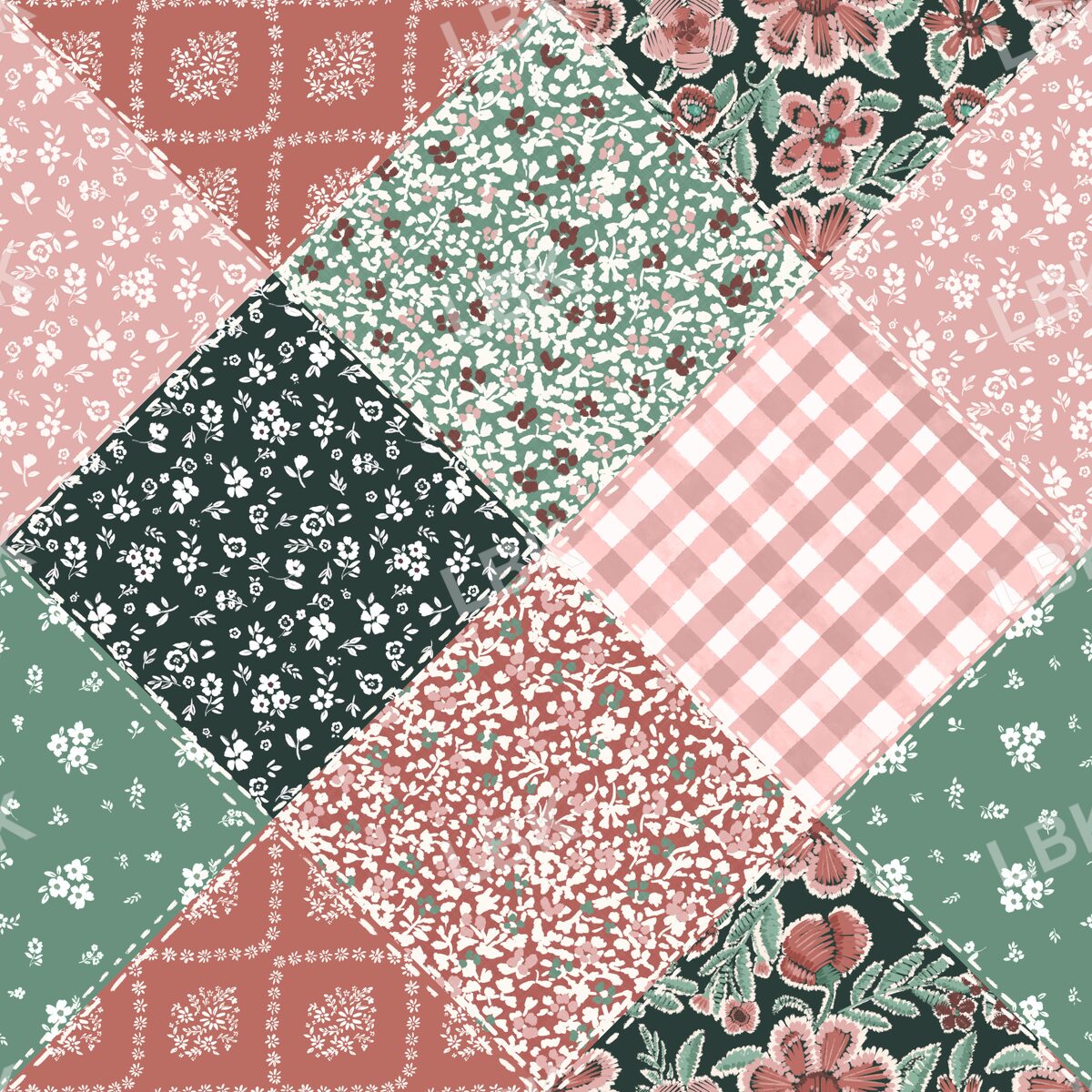 Gathered Garden stitched patchwork - dark green mix
