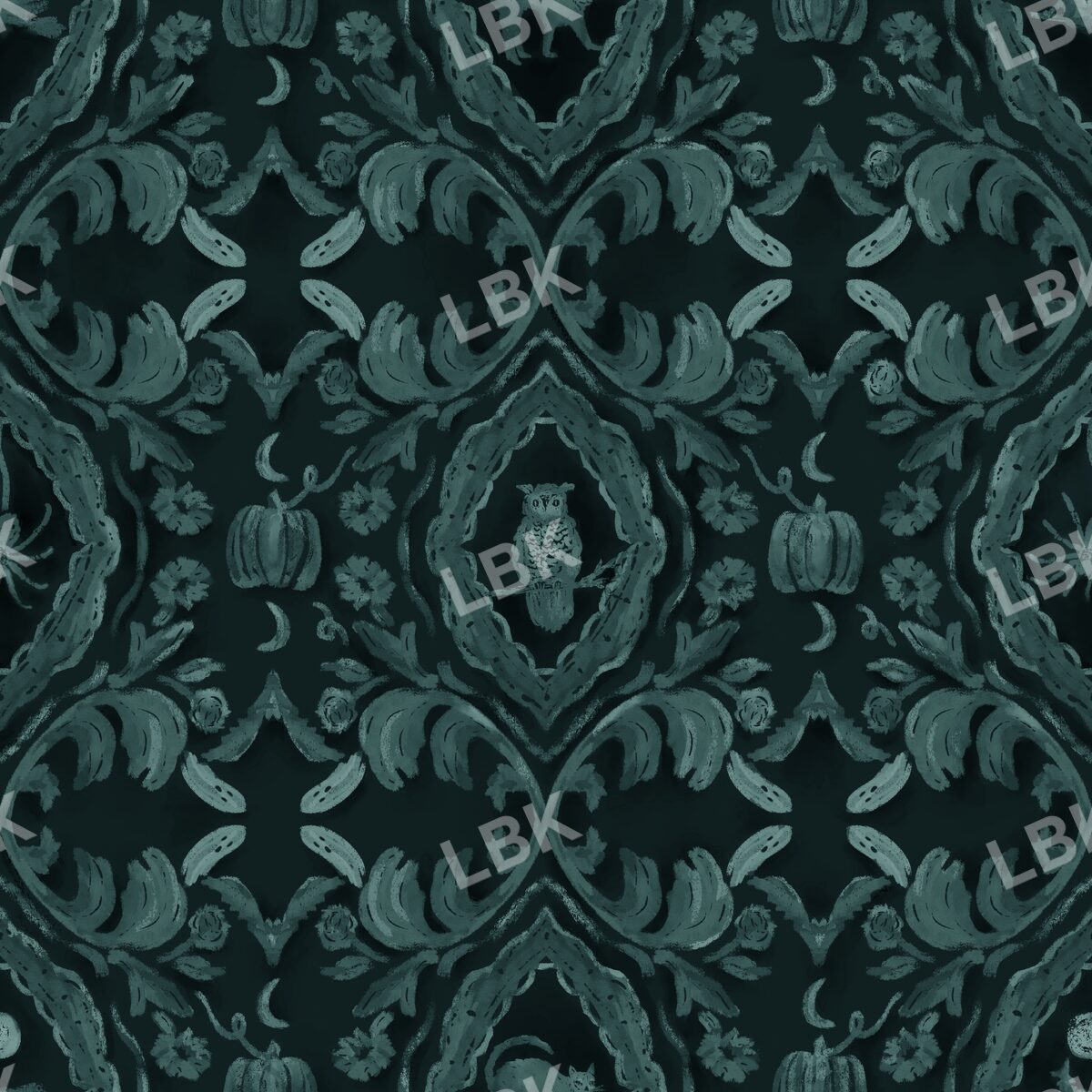 Halloween Damask dark teal green