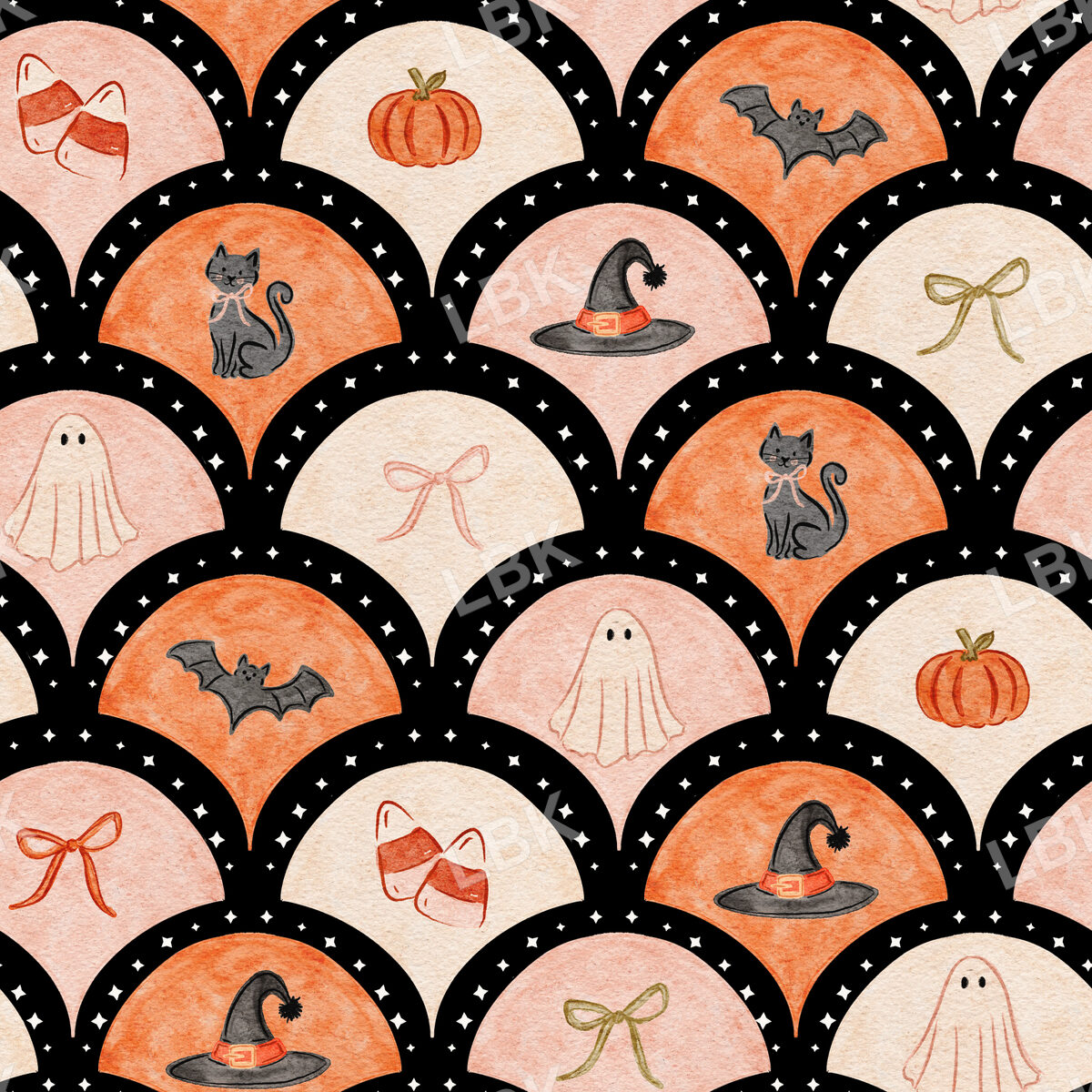 Scallop Halloween Black with Black Cats, Candy, Pumpkins and Bows